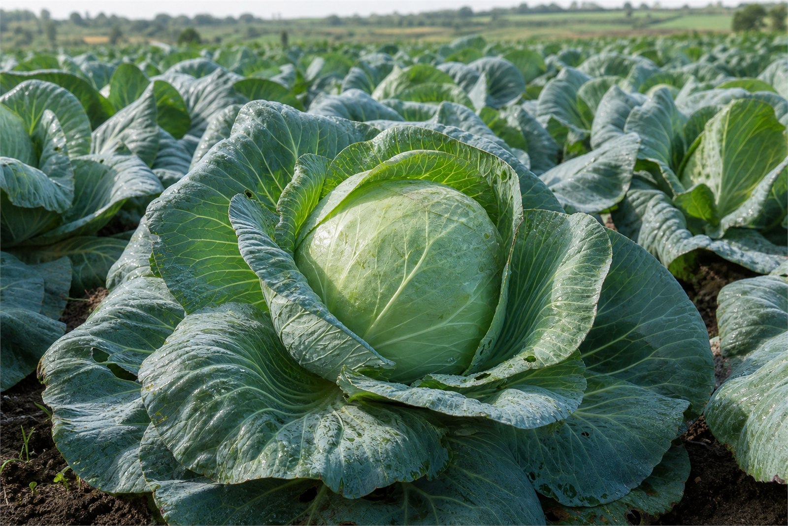 Mature green cabbage heads growing in an organized commercial field