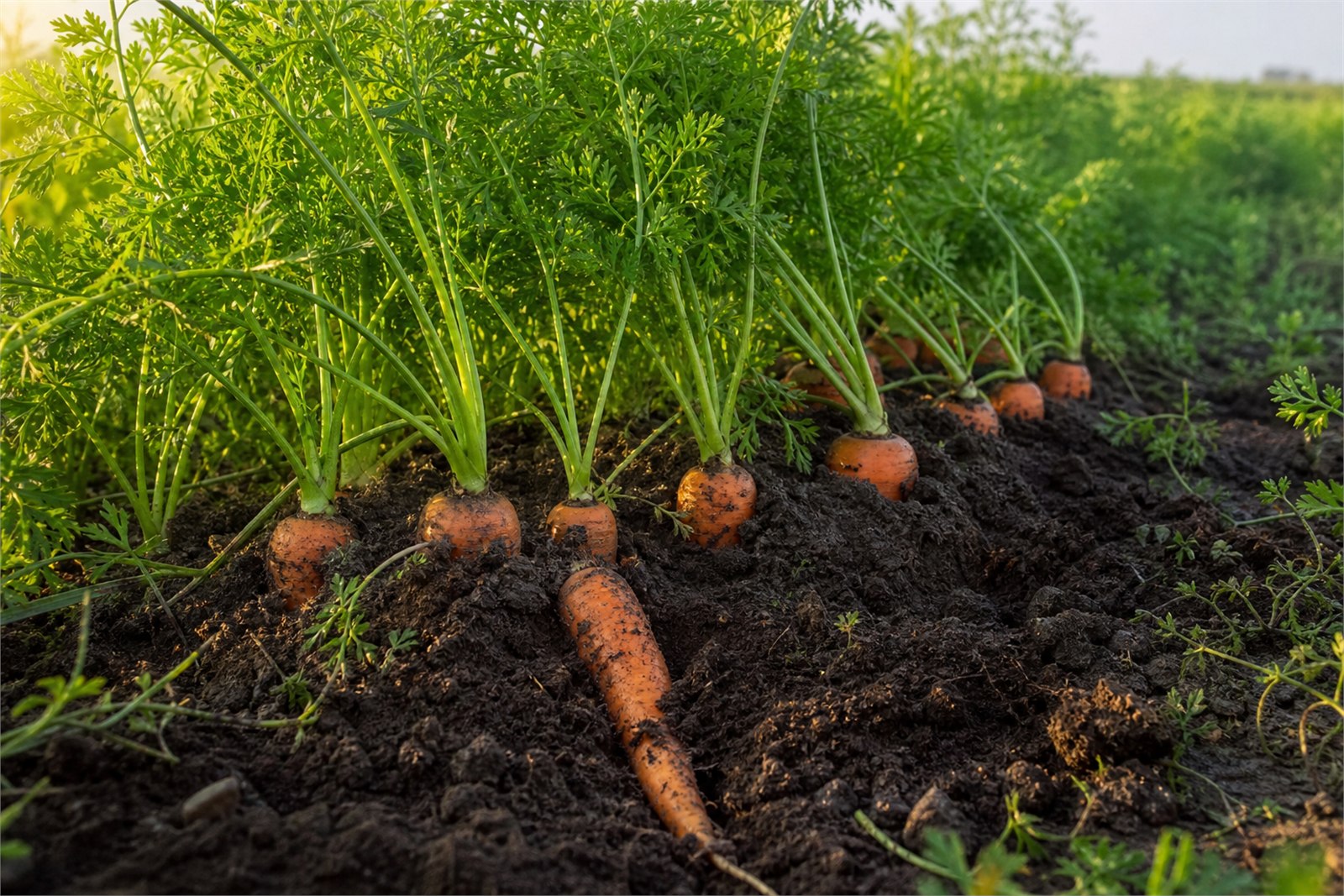 Mature carrots growing in rich field soil with healthy green tops