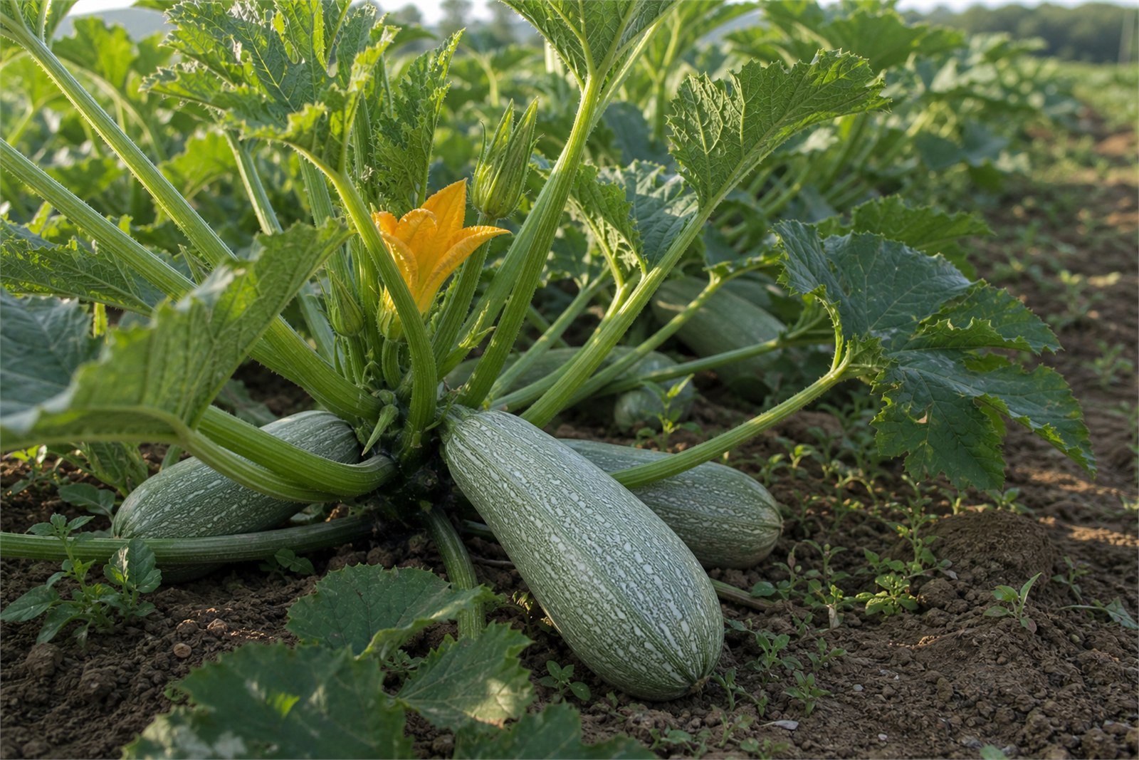 Mexican gray squash growing beside a yellow blossom on a healthy field plant