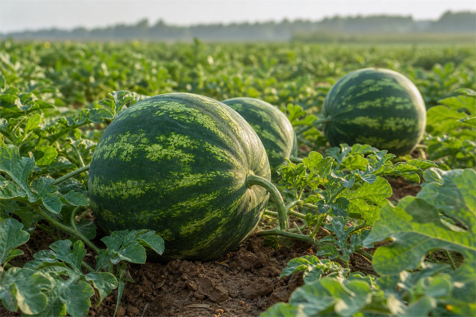 Striped watermelons growing naturally on vines in a commercial field