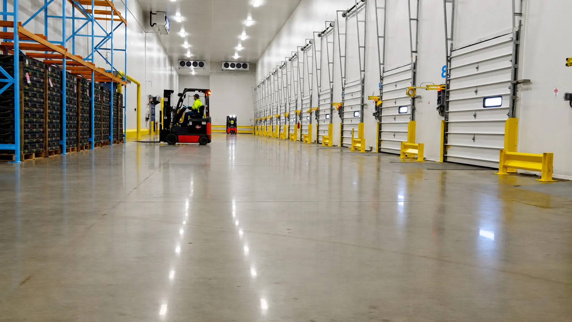 Forklift operator handling fresh produce inside the temperature-managed Traveler Produce facility