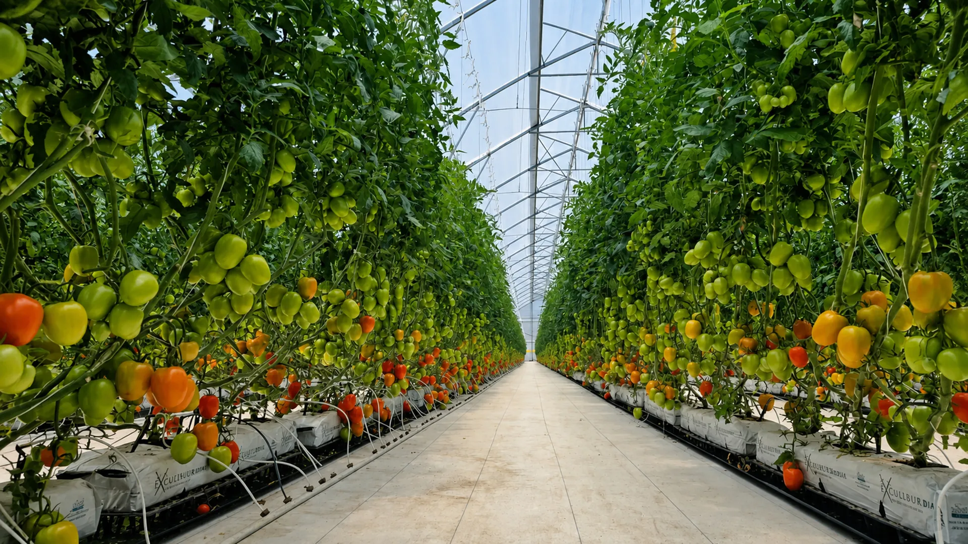 Roma tomato rows inside a protected greenhouse