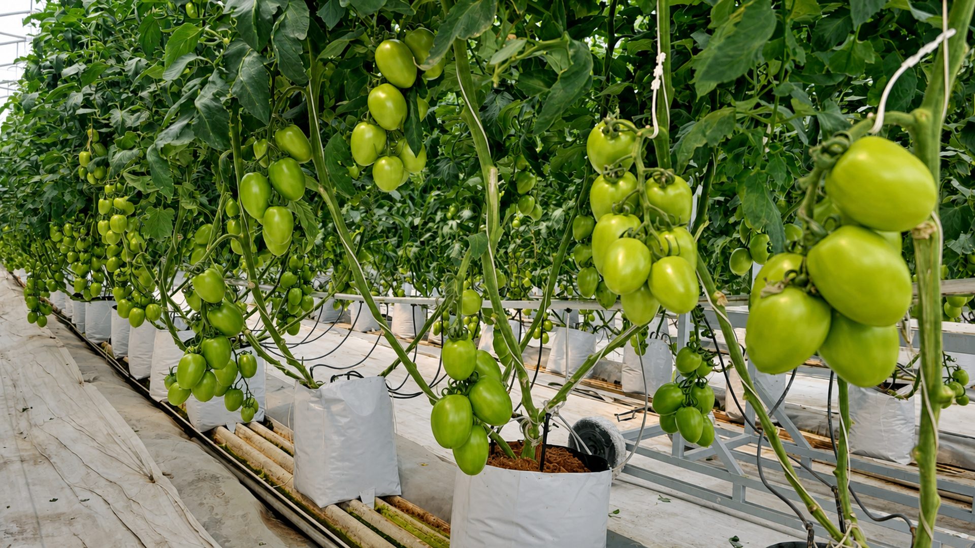 Roma tomato plants cultivated in individual greenhouse grow bags