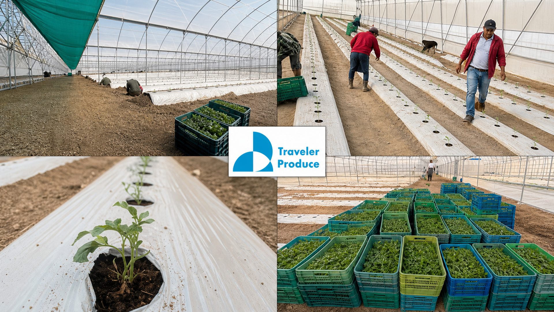 Collage showing greenhouse preparation, transplanting, young plants and organized produce crates