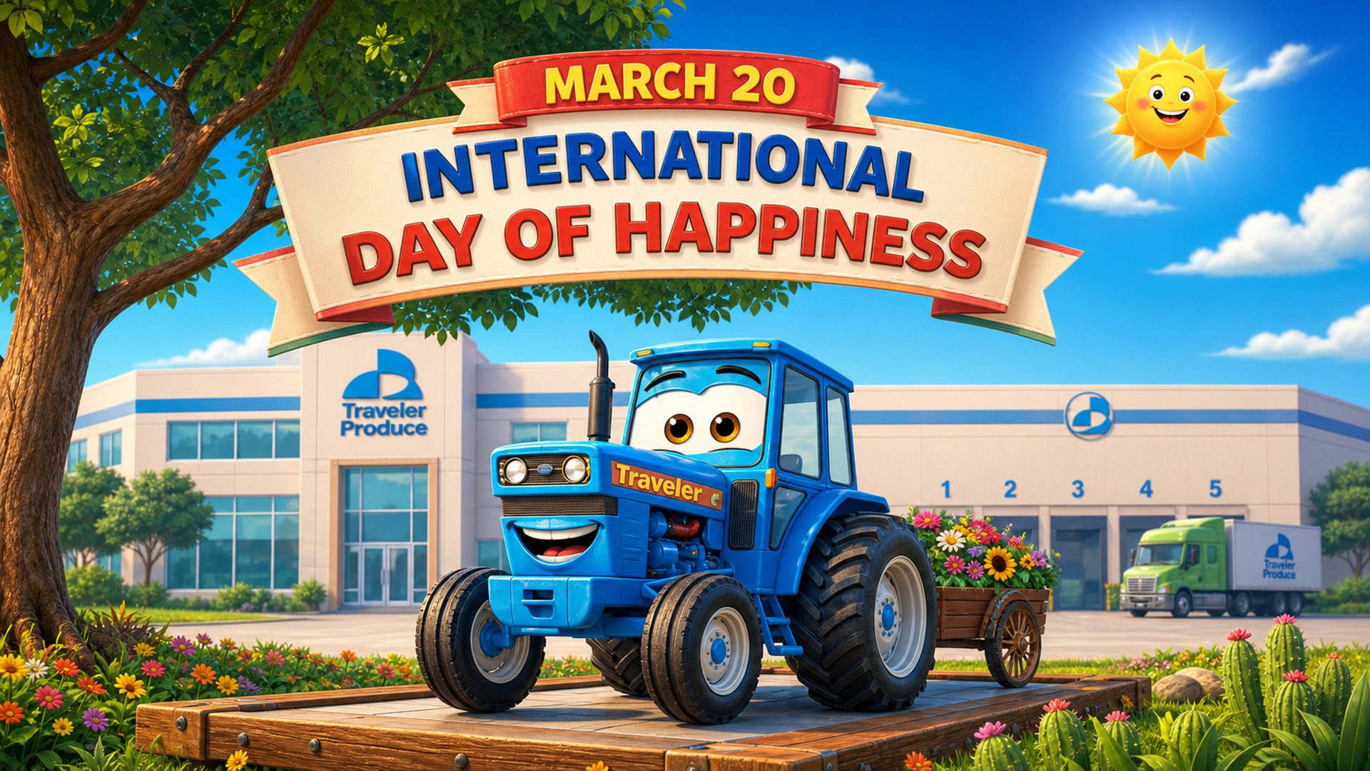 Animated Traveler Produce warehouse scene celebrating the International Day of Happiness