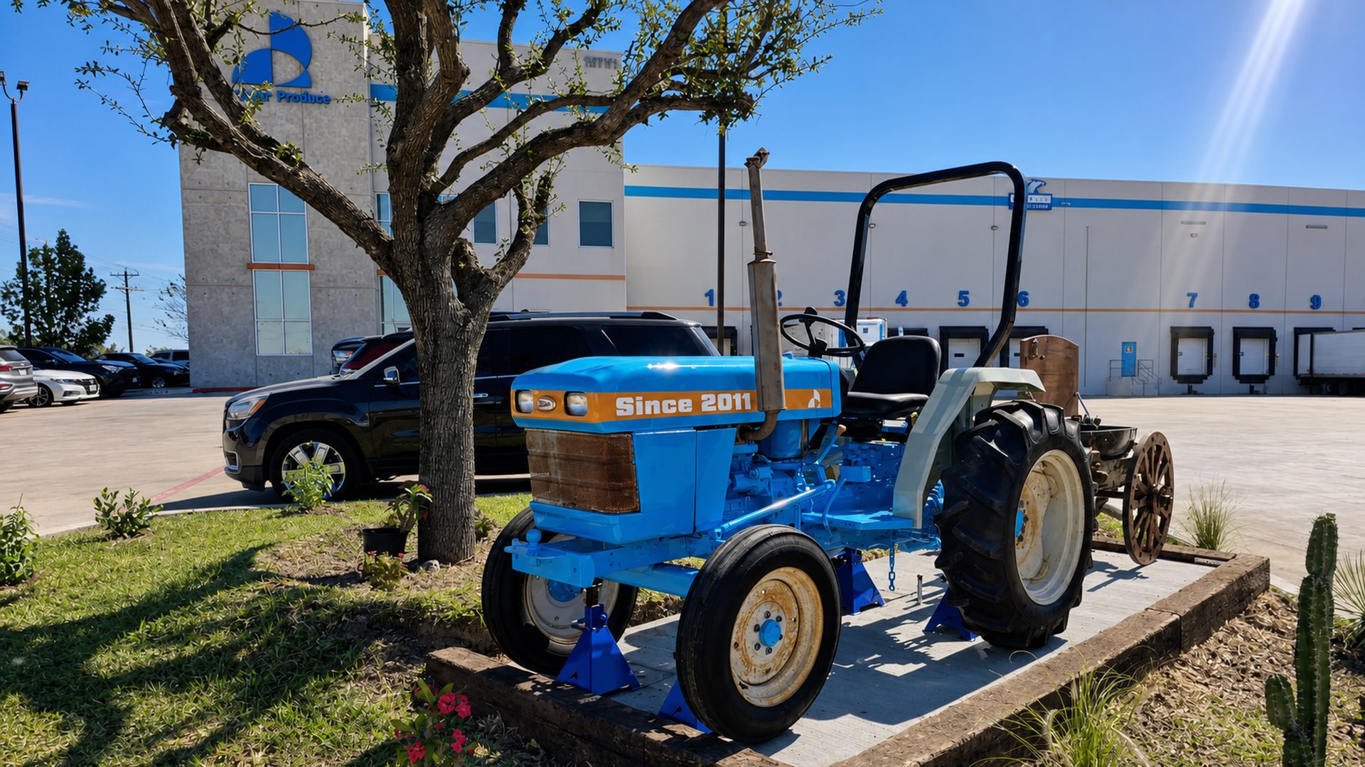 Blue heritage tractor displayed in front of the Traveler Produce facility